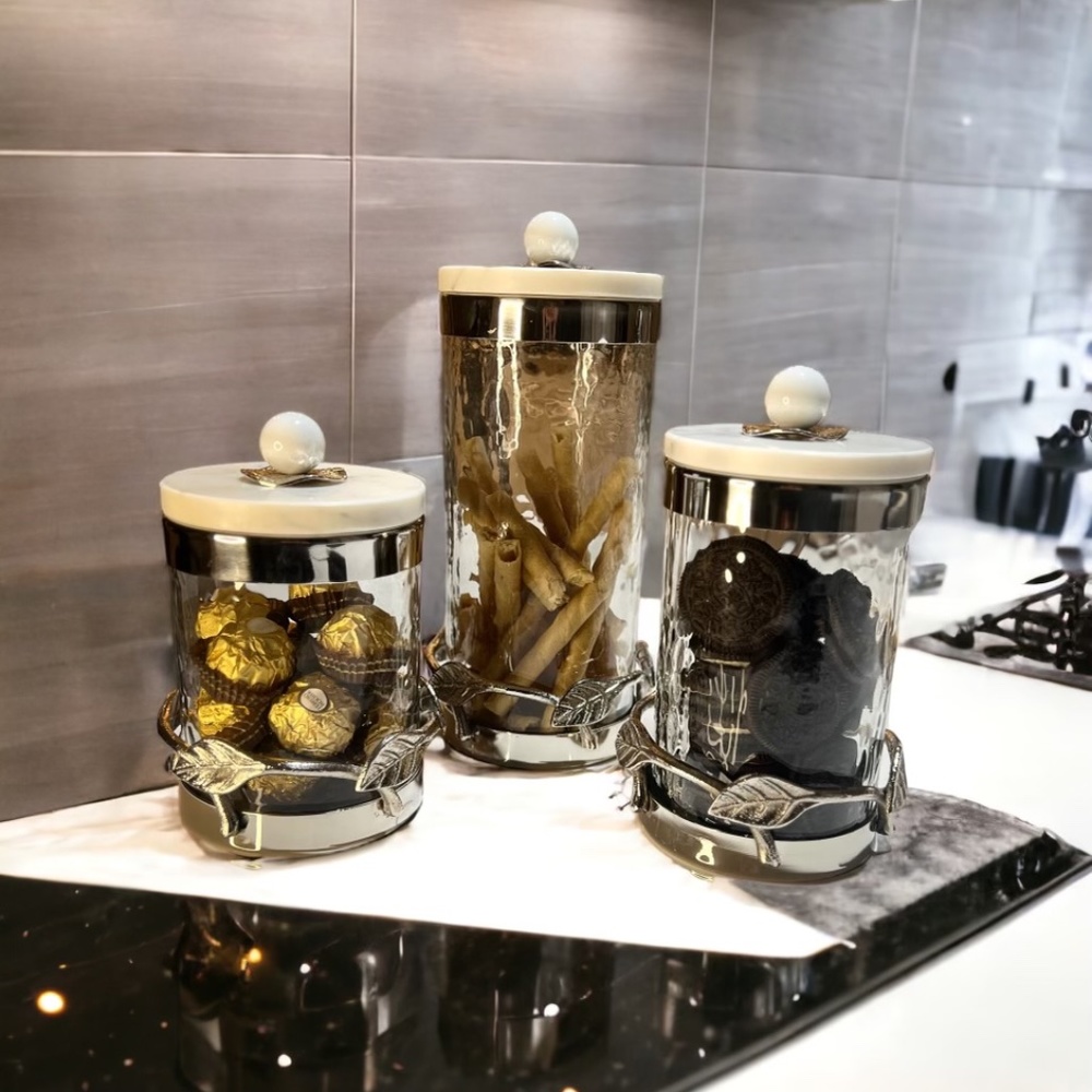 Hammered Glass Canister with Silver Leaf Branch & Marble Ball Lid (Small)